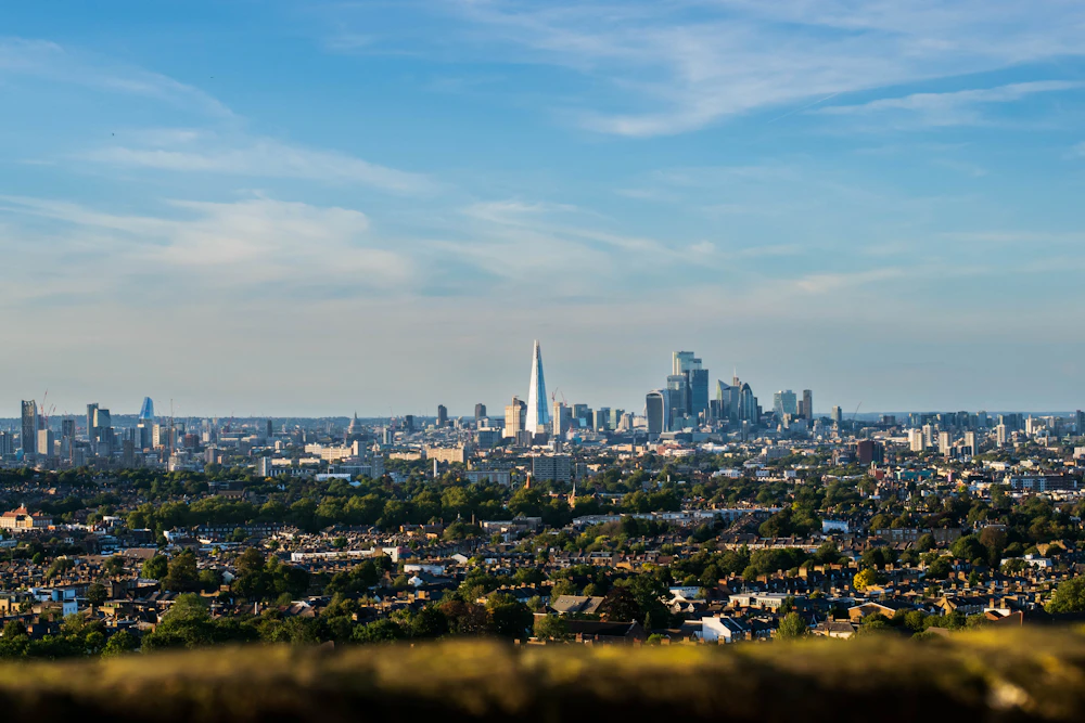 London skyline with modern buildings under a blue sky